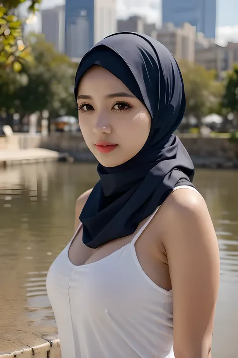 1girl big body in hijab, upper body, cityscape,  blurry background in water pòol