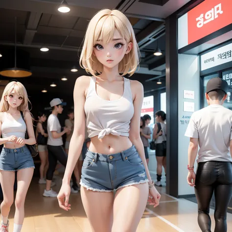 thin korean model, very light skin, blonde hair, bangs, white tank top, cleavage, mini denim shorts, low waist, high socks, smal...