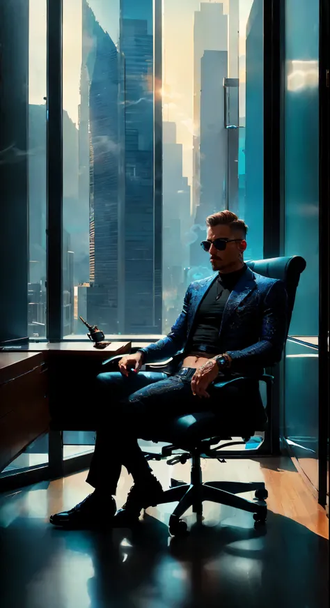 a skyscraper office in the big city, the cyborg man sits in a luxurious chair and holding a smoking cigar in his hand, high quality, absurdres, masterpiece, beautiful, intricate details, 1/2 body crop, slim body, beautiful figure, magnificent anatomy, (int...