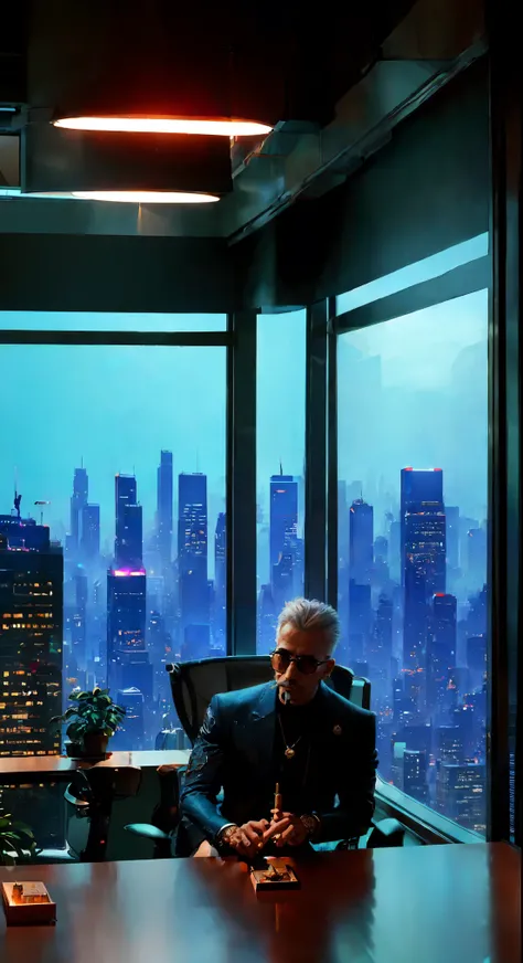 a skyscraper office in the big city, the cyborg man sits in a luxurious chair and holding a smoking cigar in his hand, high quality, absurdres, masterpiece, beautiful, intricate details, 1/2 body crop, slim body, beautiful figure, magnificent anatomy, (int...