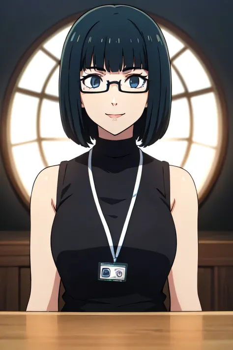 WAKABAP5, BOB CUT, BLUNT BANGS, GLASSES, TURTLENECK, black turtleneck, sleeveless turtleneck, SLEEVELESS, PANTS, LANYARD, 1girl, solo, upper body, facing viewer, (looking at viewer:1.5), in the center, smile
