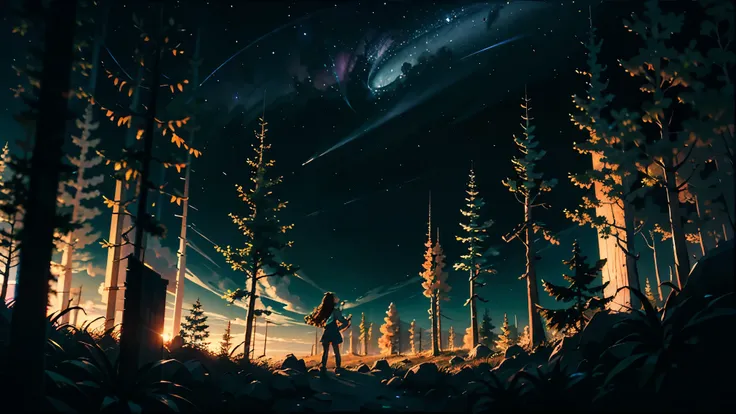 Ultra high-definition, 16K, realistic, a serene and fantastical night scene of a forest under a starry sky with dimly lit illumination.
