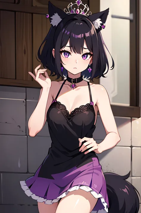 purple eyes, alluring dress, pretty girl, anime style, foxgirl, bra, short black hair, 8k, hi-res, black collar, earrings, mediu...