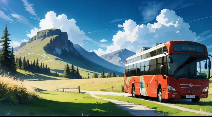 tmasterpiece，A high resolution，ultra - detailed，Trip，Tour bus，grass fielr，mont，