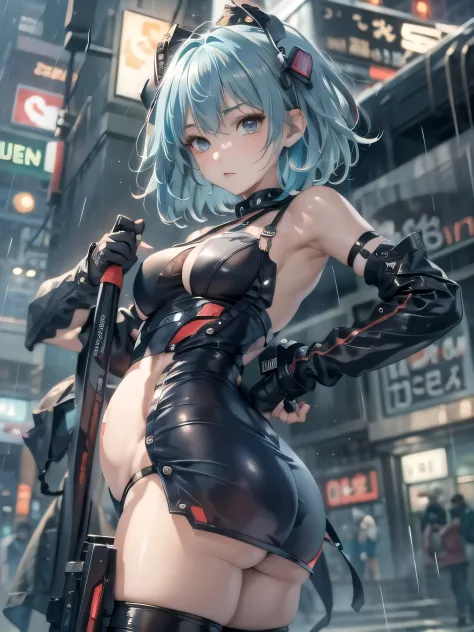 (photorealistic:1.8, highest quality:1.8,8K masterpiece:1.8,High resolution,muste piece:1.8,RAW Photos,cinematic lighting),
cyber punk、Back alley at night in the city、rain-soaked ground、vapor、
 (1 android girl:1.3)、Completely naked、bondage、choker、knee high...