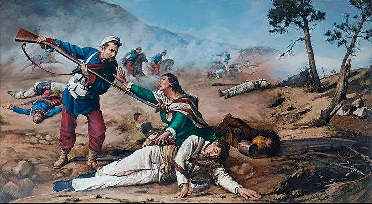 pintura de un hombre sosteniendo un rifle mientras otro hombre yace en el suelo, escena de guerra, by Francis Zuniga, Pintura de historia, dramatic work of art,