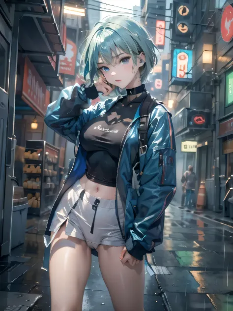 (photorealistic:1.8, highest quality:1.8,8K masterpiece:1.8,High resolution,muste piece:1.8,RAW Photos,cinematic lighting),
cyber punk、Back alley at night in the city、rain-soaked ground、vapor、
 (1 android girl:1.3)、Completely naked、shirt、choker、knee high t...