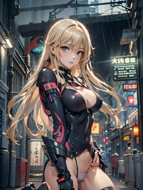 (photorealistic:1.8, highest quality:1.8,8K masterpiece:1.8,High resolution,muste piece:1.8,RAW Photos,cinematic lighting),
cyber punk、Back alley at night in the city、rain-soaked ground、vapor、
 (1 android girl:1.3)、Completely naked、shirt、bondage、choker、kne...