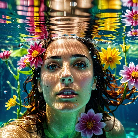arafed woman with flowers floating in the water in a pool, portrait of a woman underwater, underwater photography, underwater photo, underwater face, floating under water, underwater photograph, 8k artistic portrait photography, floathing underwater in a l...