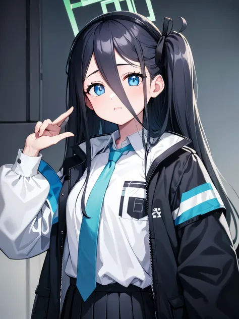 aris, black hair, blue eyes, hair between eyes, halo, long hair, one side up, hair ribbon,, necktie, blue necktie, jacket, skirt...