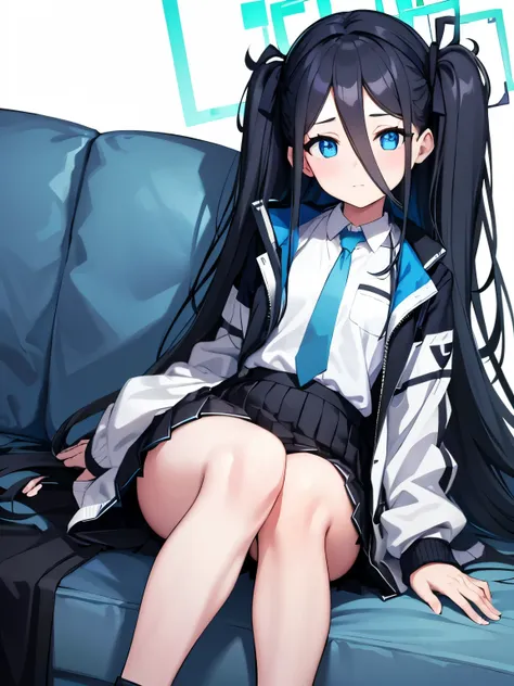 aris, black hair, blue eyes, hair between eyes, halo, long hair, one side up, hair ribbon,, necktie, blue necktie, jacket, skirt...