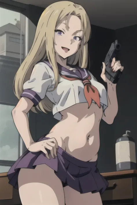 1girl, solo, blonde hair, purple eyes, long hair,, EvaHeinemannR4,  red lips, eyelashes, masterpiece, best quality, highly detailed, a anime girls in sailor uniforms with a gun posing for a picture,
evil smile, smile, open mouth,black_serafuku, ecchi anime...