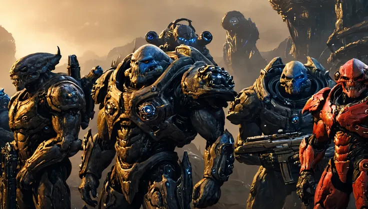 a group of alien monsters in armor standing next to each other, from starcraft, of spiked gears of war skulls, sci fi characters, starcraft 2 videogame character, epic sci - fi character art, epic sci-fi character art, high quality concept art, orcs, david...