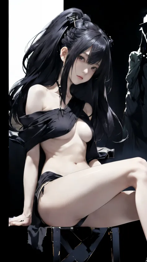 (((masterpiece))),((highest quality)),one beautiful japanese girl,pale, (A character who personifies darkness: 1.5), (My hair turns into darkness and envelops my entire body..:1.5)、(belly button)、(A glimpse of white skin can be seen beyond the darkness tha...