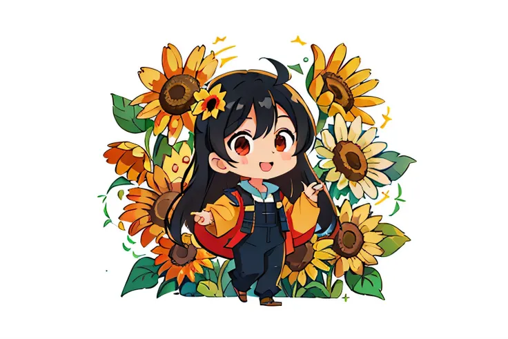 girl with long black hair，Put on peasant clothes，（帶sunflower草帽），在sunflower花海中，rich and colorful，dance（There is love）happy，sunflower（surrounded by love），logo，vector，line art，design，inspiration，straight line，cheap