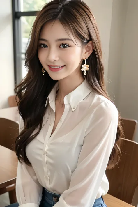 ((highest quality, 8K, table top: 1.3)), sharp: 1.2, perfect body beauty: 1.4, slim abs: 1.2, ((light brown long hairstyle,medium breasts: 1.2)), cleavage, (pale white long shirt: 1.1), Highly detailed face and skin texture, fine eyes, double eyelid, side ...