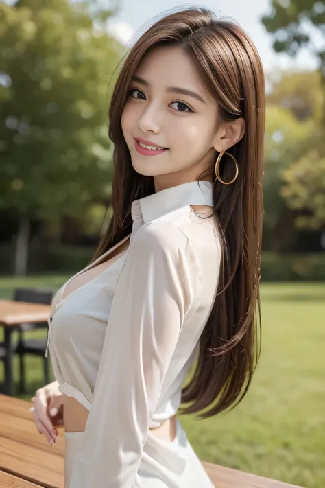 ((highest quality, 8K, table top: 1.3)), sharp: 1.2, perfect body beauty: 1.4, slim abs: 1.2, ((light brown long hairstyle,medium breasts: 1.2)), cleavage, (pale white long shirt: 1.1), Highly detailed face and skin texture, fine eyes, double eyelid, side ...