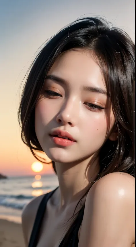 masutepiece, Best Quality, Illustration, Ultra-detailed, finely detail, hight resolution, 8K Wallpaper, Perfect dynamic composition, Beautiful detailed eyes, Wear a dress, Natural Color Lip,Beach, Random and cute poses, Kissing face,Close your eyes,Face Ki...