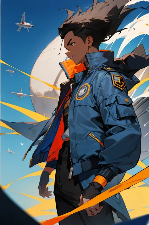 1male,young adult, Black hair, african american,jet jack, school background, Blue jacket, tall