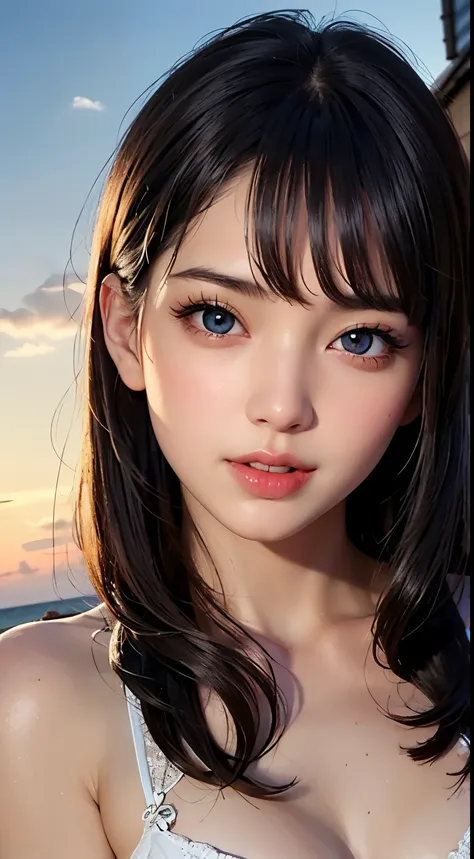 masutepiece, Best Quality, Illustration, Ultra-detailed, finely detail, hight resolution, 8K Wallpaper, Perfect dynamic composition, Beautiful detailed eyes, Wear a dress, Natural Color Lip,Beach, Random and cute poses, Kissing face,Close your eyes,Face Ki...