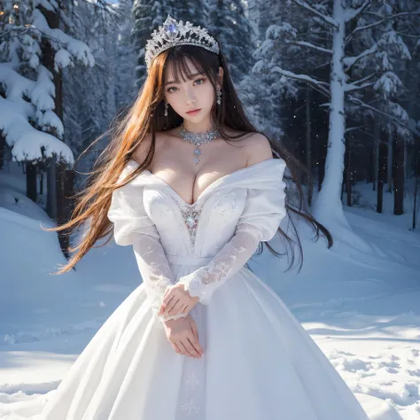 ((highest quality、table top、8K、best image quality、extremely complex and detailed depiction))、The most luxurious and highest quality giant tiara、The most luxurious and highest quality giant necklace、Yukihime、(雄大で美しいsnow forestの中で:1.1)、big and full breasts、s...