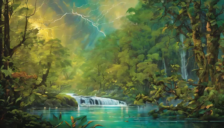 Design an image depicting an intense night storm scene over an ancient rainforest. The sky above is a canvas of chaotic beauty, with lightning bolts illuminating the dense canopy below. Each flash reveals the rich, wet leaves of towering trees and the intr...