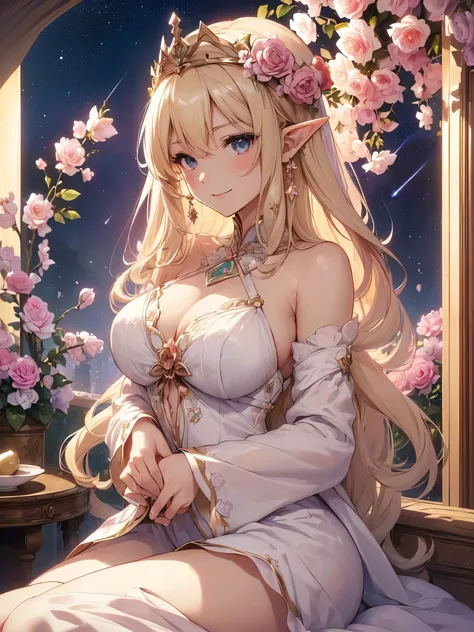 highest quality、Highest image quality、masterpiece、beautiful profile、lie on bed、Composition seen from above、Titania、Super beautiful elf beauty((22 years old OL big bust、bust 90,beautiful long ironed hair、blonde、Height: 165cm。slender、sexy、Esbian、beautiful ti...