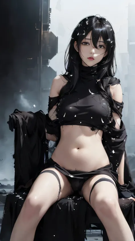 (((masterpiece))),((highest quality)),one beautiful japanese girl,pale, (A character who personifies darkness: 1.5), (My hair turns into a black mist and envelops my entire body..:1.5)、(((hair is black particles:1.5)))、(belly button)、(A glimpse of white sk...