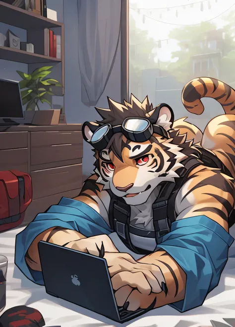 hairy，tiger，younge boy，young，Red eyes，No hats，Wearing blue tech goggles，bedroom，Cai Xukun&#39;s，cool reflective clothing，CG，4K，Fair