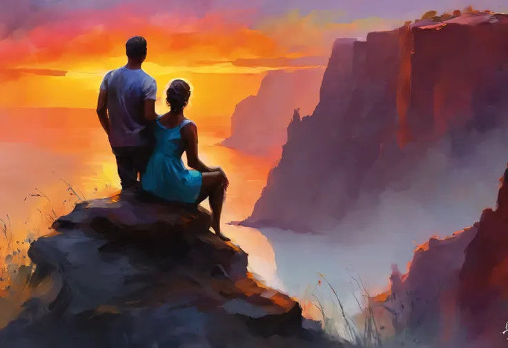 a silhouette of a couple sitting on the edge of a cliff watching the sunset artwork painting and spray paint effect, by Eugeniusz Zak, watercolor art, by Károly Lotz, watercolor painting, watercolor painting style, watercolor detailed art, by Reuben Tam, w...