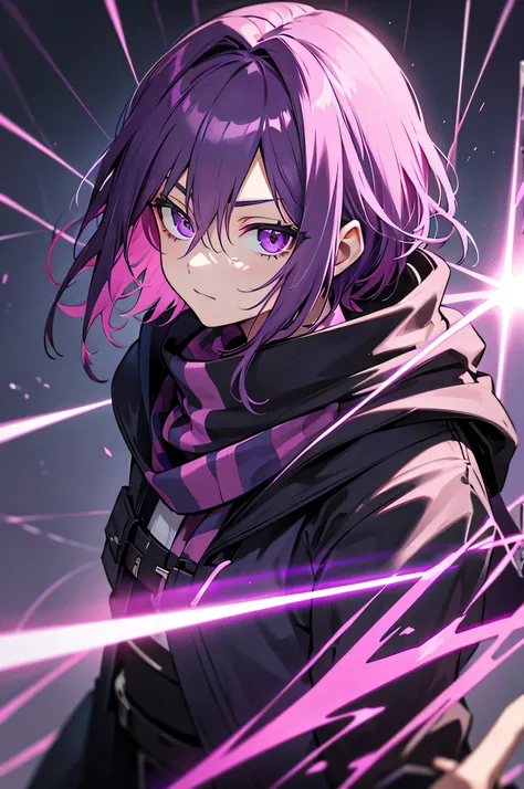 purple eyes, short pink hair with black streaks, black assassin clothes, scarf, purple electricity