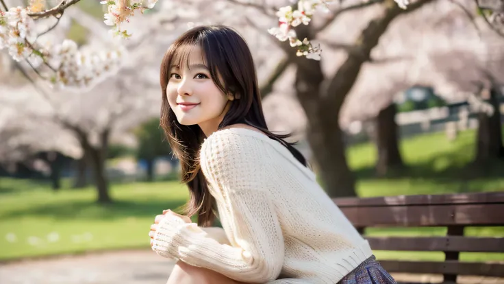 masterpiece, highest quality, Photoreal, Super detailed, finely, High resolution, 8k wallpaper, Professional, Advanced level of detail, Female college student sitting in the park and enjoying cherry blossoms, slender Japanese woman, ((facing the front)), d...