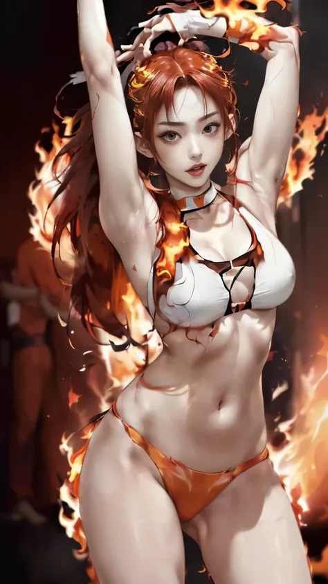 (((Masterpiece))),((top quality)),one beautiful Japanese girl,Pale, (A character who personifies flame: 1.5), (hair red flame:1.5)、(((Hair is like a raging fire:1.5)))、(belly button)、(A glimpse of white skin can be seen through the flames that cover the bo...