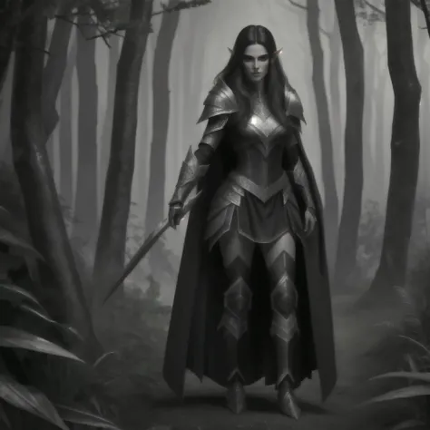 Handsome female dark elf, beautiful face, beautiful body, black hair, wearing black armor, Black Cape, in a forest, at night, 8K, extremely detailed, ultra realistic