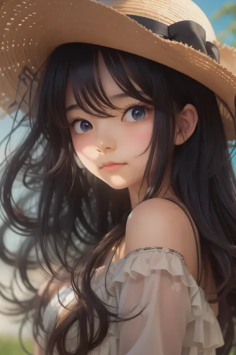 Anime girl with long black hair wearing a straw hat, anime style 4k, beautiful anime portrait, anime moe art style, anime art wallpaper 4k, anime art wallpaper 4k, High quality anime art style, anime style portrait, Gweiz, artwork in the style of Gweiz, de...