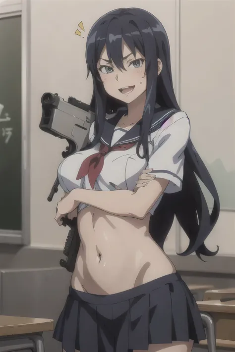 Pitohui_Elza, crazy smirk, masterpiece, best quality, highly detailed, a anime girls in sailor uniforms with a gun posing for a picture,
evil smile, smile, open mouth,black_serafuku, ecchi anime style, anime girls , (nsfw) not safe for work,
ecchi style, e...