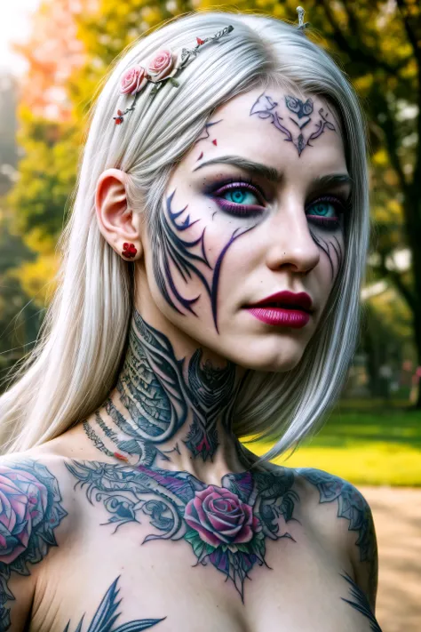 solo, 1girl, girl_focus, realistic, white_hair, [colorful ornate scales, dragons, roses, skull tattoo], indoors, lips, sharp facial_tattoo, nose, in a park, high saturation