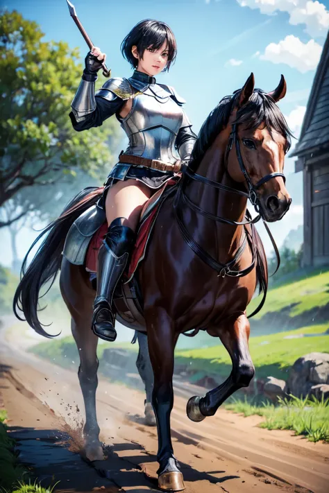 8k, realistic, vivid colors, ((best quality)), ((masterpiece)), (detailed), perfect face, pixie cut, {black hair}, BREAK, horseback riding, brown horse, (saddle, stir ups, rein), running: 1.2, 20 years old, female knight, (black armor, black gauntlet, blac...