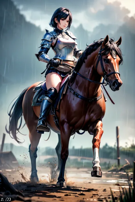 8k, realistic, vivid colors, ((best quality)), ((masterpiece)), (detailed), perfect face, pixie cut, {black hair}, BREAK, horseback riding, brown horse, (saddle, stir ups, rein), running: 1.2, 20 years old, female knight, (black armor, black gauntlet, blac...