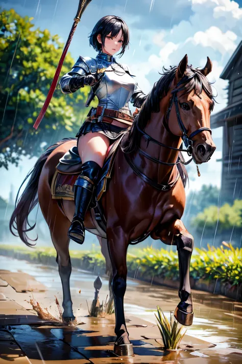 8k, realistic, vivid colors, ((best quality)), ((masterpiece)), (detailed), perfect face, pixie cut, {black hair}, BREAK, horseback riding, brown horse, (saddle, stir ups, rein), running: 1.2, 20 years old, female knight, (black armor, black gauntlet, blac...