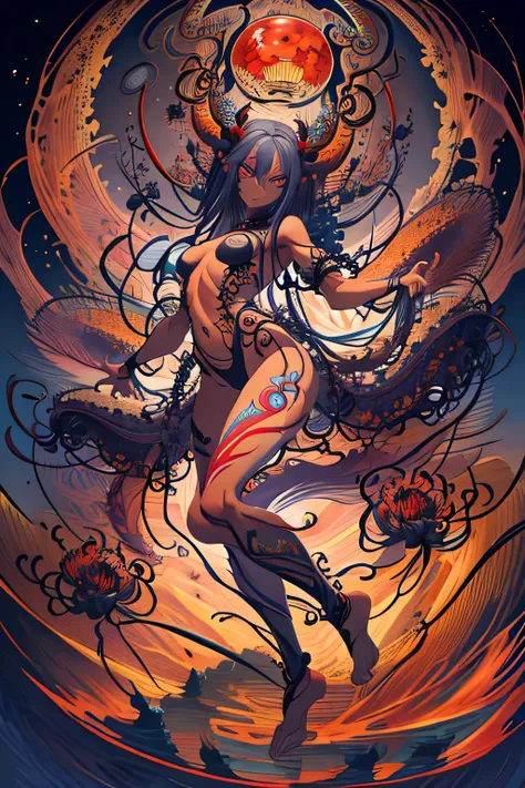 absurd, highres, ultra detailed, (ultra-detailed background, detailed background), extremely detailed, 1girl, demonic woman, red skin on arms, bouquet of black flowers, (zentangle:1.2), (geometric:1.2), colorful, full body, sexy pose, short clothes, dragon...