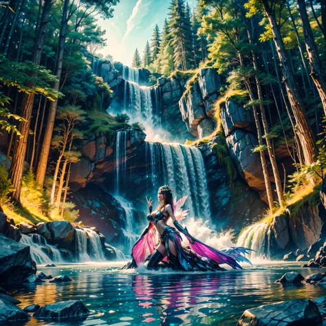 "Stars Vibrant Nebulae Octans by_Mappa starry_sky sunset spacious sunrise sunshine" Epic stunning painting of a waterfall in a forest with a river running through it, an endless waterfall, multiple waterfalls, waterfalls, with trees and waterfalls, floatin...