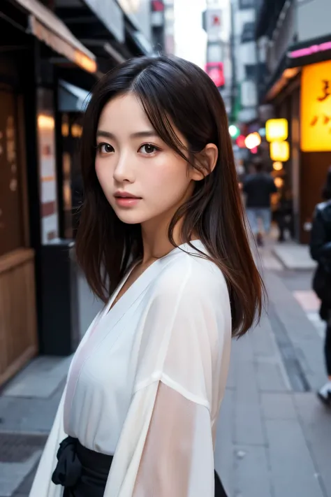 Beautiful Japanese supermodel woman, A lock of hair with slight highlights, black eyes, Sexy，street background，Gorgeous kimono , Liquid color flows across her face, Shooting against the light，Perfect facial lighting，mixed media