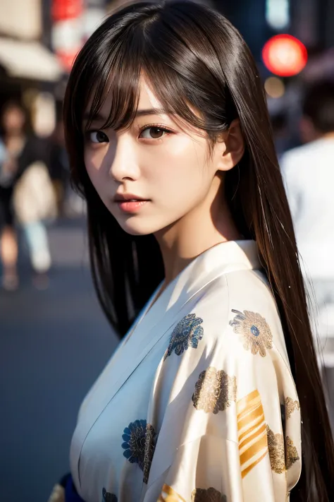 Beautiful Japanese supermodel woman, A lock of hair with slight highlights, black eyes, Sexy，street background，Gorgeous kimono , Liquid color flows across her face, Shooting against the light，Perfect facial lighting，mixed media