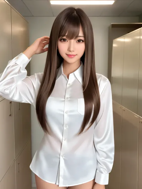 product quality, 1girl, upper body shot, front view, a Japanese young pretty girl, long bob hair, standing bent forward with a big smile in a high school locker room, glamorous figure, wearing a white collared shiny satin shirt of long sleeves over white s...