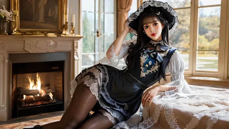 realistic, photorealistic, masterpiece, highest quality, that_dress, thatng sleeves, removed sleeve,  black pantyhose, 1 girl, sothat, slim, thatoking at viewer, thatng black hair, Are standing, In the castle, window, fireplace, detailed background, ,perfe...