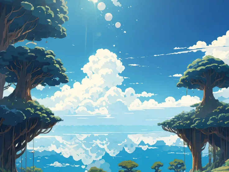 DVD screengrab from studio ghibli movie, (beautiful bush garden:1.4), clouds on blue sky, designed by Hayao Miyazaki, retro anime