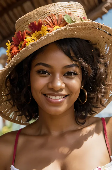 Crie o rosto de uma mulher afro-brasileira, with a flowered hat, sorridente