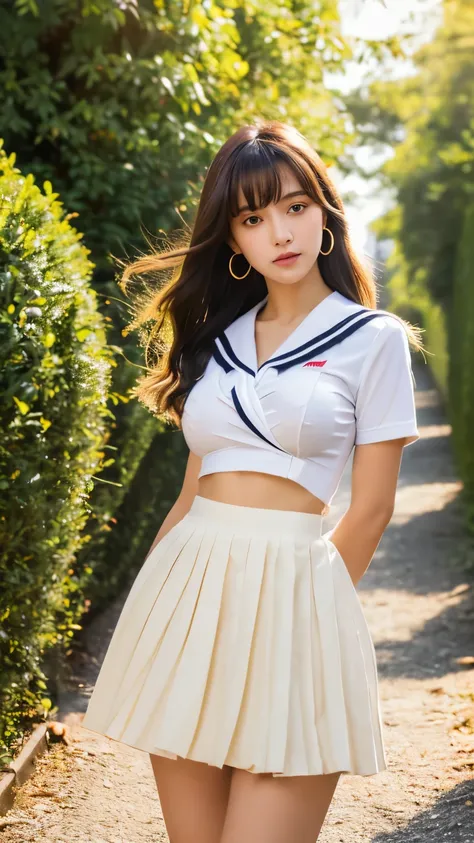 (highest quality:1.4), (hyper quality), (Super detailedな), 1 beautiful girl, (group of female high school students:1.3), Super cute, wonderful face and eyes, (Short-sleeved sailor suit made of thin white fabric), Black pleated micro mini skirt with low ris...