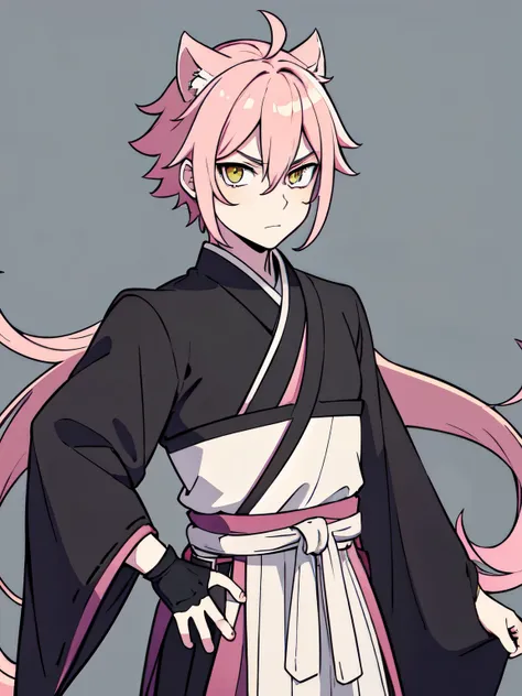 masterpiece, best quality, highres, male, 1man, pink hair, black hakama, yellow eyes, lanlingwang, neutral face, simple backgrou...